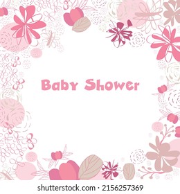 Baby shower frame design greeting card. Abstract pink flower baby girl illustration