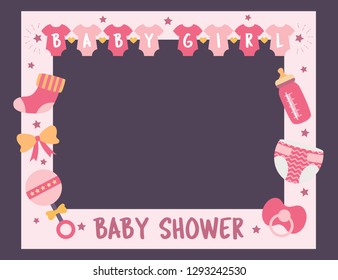 Baby shower frame for girl. Photo booth props for birthday party. Nursery pink template design with bottle, sock, nipple. Good for invitation, banner, postcard