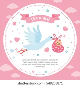 Baby shower frame. Stork carrying a cute baby in a bag. It's a girl! Baby girl announcement card template. Place for your text.