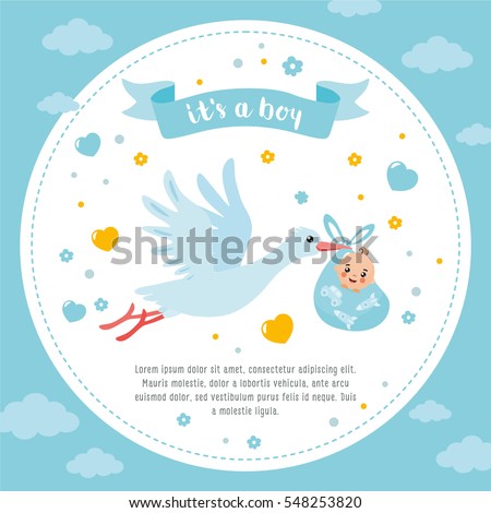 Baby shower frame. Stork carrying a cute baby in a bag. It's a boy! Baby boy announcement card template. Place for your text.