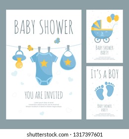 Baby shower for future mother of little boy invitation in flat style.