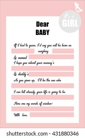 Baby shower game. Dear baby card. It's a girl.