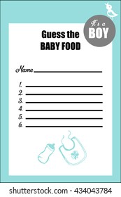 Baby Shower Game. Guess The Baby Food Card. It's A Boy.