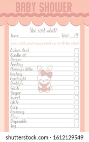 Baby Shower Game, She said What, Template, cute Bunny, light pink, girl, rabbit, birth, parent, adorable, celebration, ribbon, DIY Craft, fun party, ceremony, vector, retro, Greeting card, mommy to be
