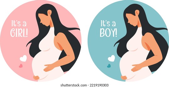 Baby shower, gender reveal party, invitation card, poster, icon. Pregnant woman in dress holds her belly. Happy, healthy pregnancy and motherhood logo. Happy mother's day banner.