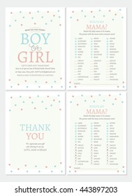 Baby Shower Gender Reveal Printable Cards. Collection comes with thank you card, invitation card and a fun game.