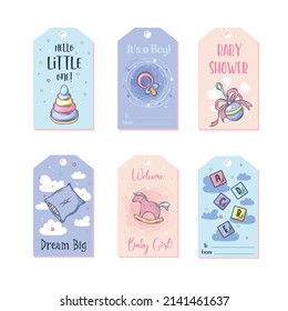 Baby Shower gift tags. Baby Arrival set. Vector illustration.