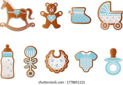 Baby shower gingerbreads. Blue cookies for baby boy. Rocking horse, bear, baby shoe, baby carriage, feeding bottle, pacifier, dress, rattle and feeding bottle gingerbreads