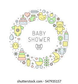 Baby shower (girl and boy) cute outline vector circle illustration. Clean and simple design