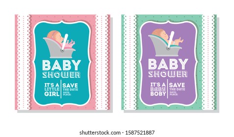 Baby shower of girl and boy design, Invitation party card decoration love celebration arrival and born theme Vector illustration