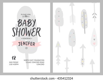Baby shower girl and boy invitations, vector templates. Shower pastel cards with feathers, arrows and hand drawn text on white background