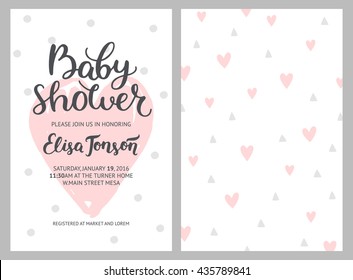 Baby Shower Girl And Boy Invitations, Vector Templates. Shower Pastel Cards With Hearts And Hand Drawn Text On White Background