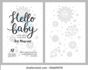 Baby shower girl and boy invitations, vector templates. Shower pastel cards with flowers, hearts and hand drawn text on white background