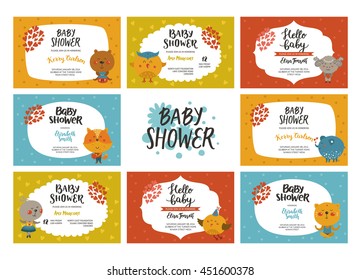 Baby shower girl and boy invite, vector frames with baby animals. Kids greeting cards with fox, elephant, rabbit, bear, owl, merinos, cat and bird.