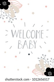 Baby shower girl and boy posters, vector templates. Vintage style with leaves, flowers, lettering. Modern and trendy cards with hand drawn text and elements on white background