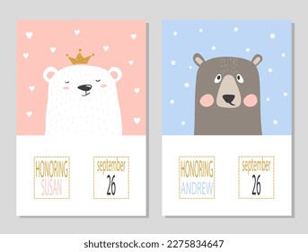 Baby shower girl and boy posters with cartoon bears. Newborn announcement cards vector illustration