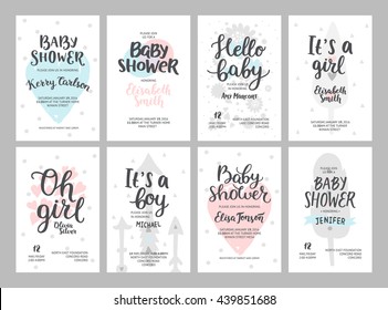 Baby shower girl and boy posters, vector templates. Baby shower pastel invitations with hearts, arrows, feathers and hand drawn text on white background