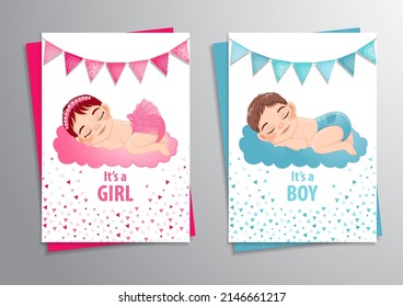 Baby Shower Girl and Boy Theme Invitation Template, Baby Sleeping Cartoon Character Design Vector