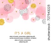 Baby Shower girl card design with abstract watercolor pink and glittering golden circles.
