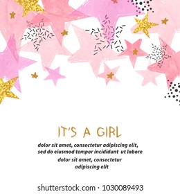 Baby Shower girl card design with abstract watercolor pink and glittering golden stars.