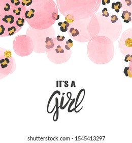 Baby Shower girl card design with abstract watercolor pink circles and leopard print.