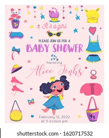 Baby Shower girl card design with princess elements set. Girlish fashion. Design template for birthday party, invitation, poster, greeting card. Vector illustration