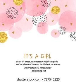 Baby Shower girl card design with abstract watercolor pink and glittering golden circles. - Shutterstock ID 727543225