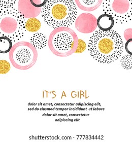 Baby Shower girl card design with abstract pink and glittering golden circles.