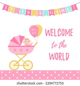 Baby Shower girl card. Vector. Cute pink banner with pram, kid, flags, polka dot pattern. Baby girl birth party poster in flat design. Sweet template invite background. Colorful cartoon illustration. 