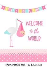 Baby Shower girl card. Vector. Baby girl design. Cute pink banner with newborn kid, stork, flag, polka dot. Birth party background. Happy greeting poster. Welcome template invite. Cartoon illustration