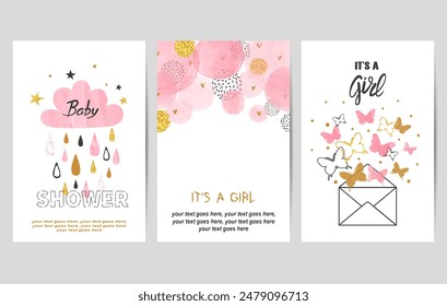 Baby shower girl cards set. Vector invitation birthday party card  design