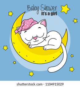 baby shower girl. cat sleeping on the moon
