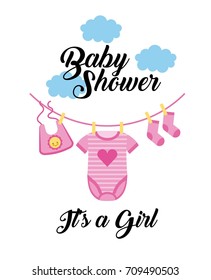 baby shower its a girl clothes hanging with cloud