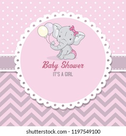 baby shower girl. Cute elephant with balloons. space for text