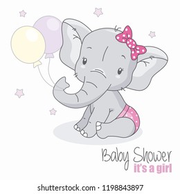 Baby Shower Girl. Cute Elephant With Balloons.
