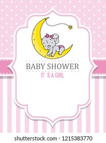 baby shower girl. Cute elephant sleeping on the moon