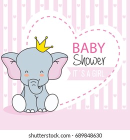 Baby Shower Girl. Cute Elephant With Crown
