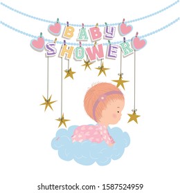 Baby shower and baby girl design, Invitation party card decoration love celebration arrival and born theme Vector illustration