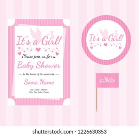 Baby Shower, Baby Girl, Editable Invitation Template, Shower Party, Party Supplies, Cup Cake Toppers, Glass Pad. Vector with die cut layers
