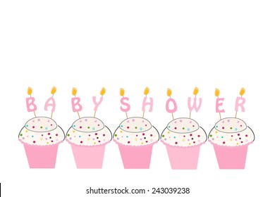 Baby shower girl greeting card with cupcakes and candles