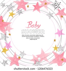 Baby Shower girl invitation card design with watercolor pink stars.