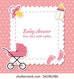 Baby Shower Girl, Invitation Card. Place For Text.  Greeting Cards