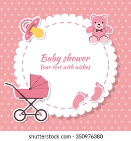 Baby shower girl, invitation card. Place for text.  Greeting cards.