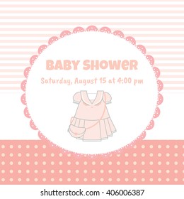 Baby shower girl invitation card. Sweet little cute dress. Childish tender design. Elements on background: line and round pattern, lace. Place for your text included. Pink color 
