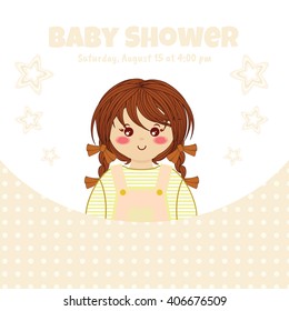 Baby shower girl invitation card. Sweet little girl with jeans suit. Childish tender design. Elements on background: pattern, stars. Place for your text included. Beige color
