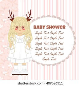 Baby shower girl invitation card. Sweet forest deer girl with vintage lace dress. Childish tender design. Elements on background: flower pattern, line. Place for your text included. Peach color
