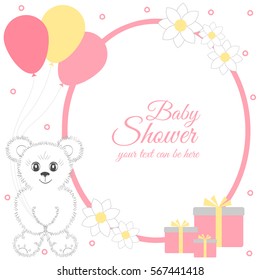 Baby Shower Girl, Invitation Card. Place For Text.  Greeting Cards. Vector Illustration. Cute Teddy Bear With Gift Boxes, Balloons, Flowers. It Can Be Used As A Poster, Banner, Template.