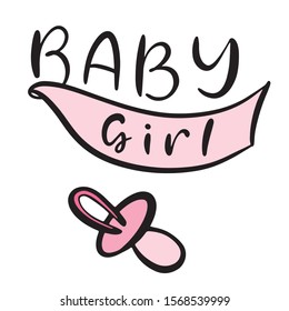 Baby shower girl invitation with hand drawn lettering and pacifier. Template for birthday party card. Vector illustration.