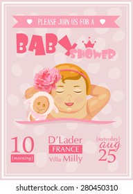 Baby shower girl invitation template vector illustration. Pink, rose, red colors