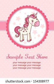 Baby shower for girl, pink pastel tones. Party card with unicorn.